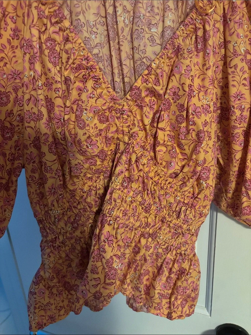 Old Navy orange and pink Floral Puff-Sleeve Smocked Blouse